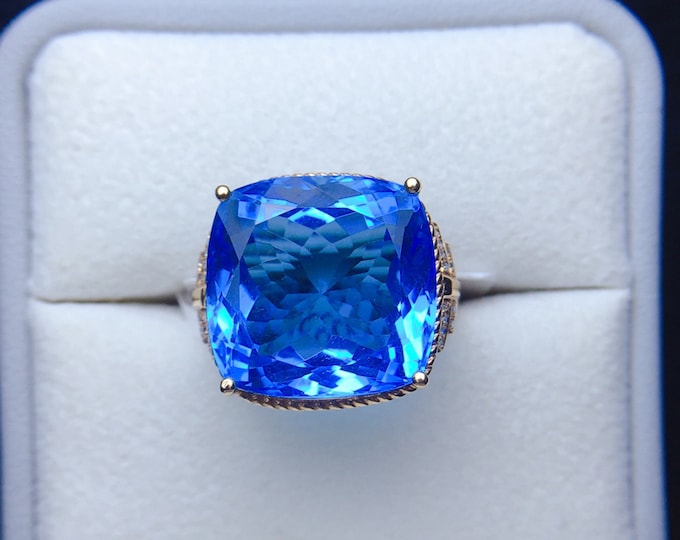 Cushion cut London blue natural Topaz ring in 18k rose gold/engagement wedding topaz ring with diamond/Art Deco/Dec. Birthstone/Unique