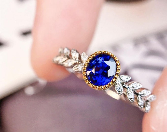 18k white gold twig royal blue sapphire engagement ring/Diamond twig blue sapphire gold ring/Unique Half eternity sapphire anniversary ring