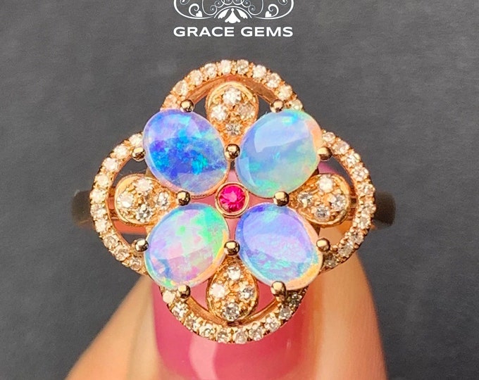 Star Shape Genuine Opal Engagement Ring in Solid 18k/14k Rose Gold & Rube Diamond/Fire Opal Bird ring/Boulder Opal Engagement ring/Fire Opal