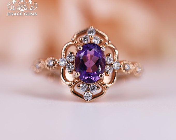 18k solid gold 6X8mm oval natural amethyst ring/engagement wedding ring with diamonds/one of a kind gift for her/Art Deco/Unique handmade