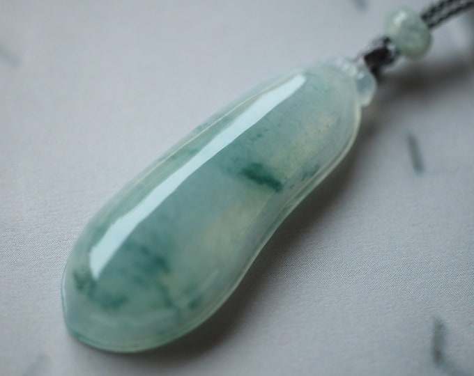 Unique Carved Natural Myanmar Vivid Green Jadeite Pendant with Hand knitting Rope/One of a kind Anniversary/Egyptian Jewelry/Untreated Jade