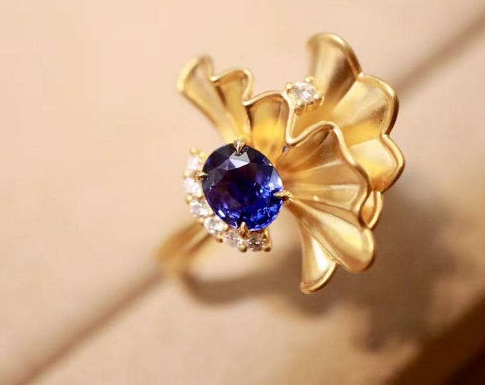 18k solid gold vintage antique sapphire ring/unique natural sapphire ring with diamonds/handmade sapphire ring for women engagement birthday
