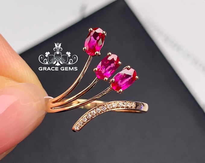 18K Rose Gold ruby engagement ring/Natural Real ruby Ring and Diamonds/Ruby cluster ring/Vintage Handmade ruby ring for women/boho ruby ring