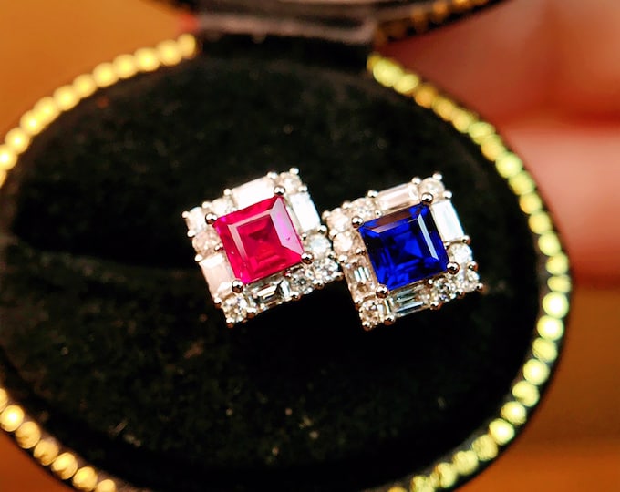 18k White Gold Double Color Natural Ruby and Sapphire Studs in With diamonds/Mozambique natural rubies earrings/Cluster multi-stone Victoria