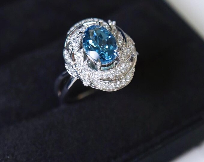 Oval cut natural Santa Maria ring in 18k white gold/Diamond Art Deco aquamarine ring for her/Women aquamarine birthstone engagement ring