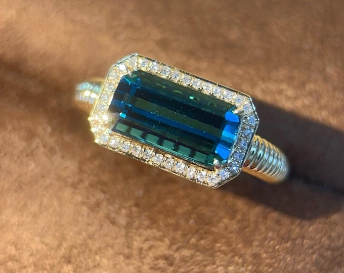 18k rose gold teal tourmaline ring/Statement tourmaline and diamond engagement ring/one of a kind/Art Deco/unique high end tourmaline