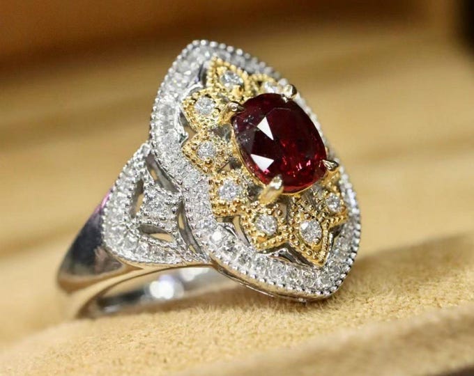 Luxurious dark pigeon blood untreated ruby ring/Art Deco fancy fine ruby engagement ring/Vintage unique ruby ring with yellow diamond halo