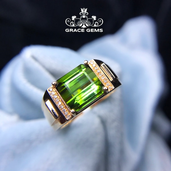 18k Gold Green Tourmaline Ring: Diamond Accent, Boho Mens Wedding Band/handmade statement fine green tourmaline ring/custom signature ring
