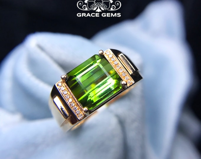 18k solid gold huge green tourmaline mens  engagement wedding ring/Masculine mens boho ring/mens promise band/Art Deco/Warrior mens ring