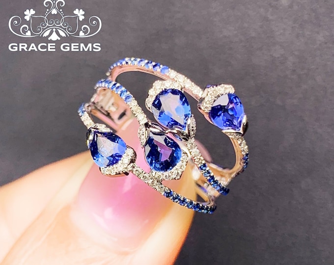 Cluster 18k/14k white gold multi-stone Genuine sapphire engagement ring in diamonds/Blue stone/Vintage Antique/Art Deco/Boho Celtic Unique