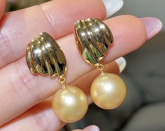 12.5mm 18k Gold Golden Sea Pearl Earrings: Handmade Diamond Wedding Studs