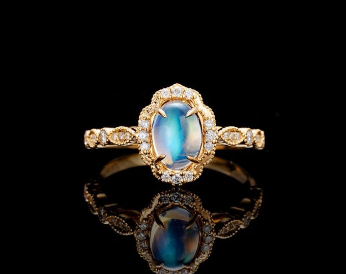 18k yellow Gold blue Moonstone Engagement Ring with diamonds/Eternity halo diamond band/6X8mm Color changing Wedding gift/Unique Viking ring