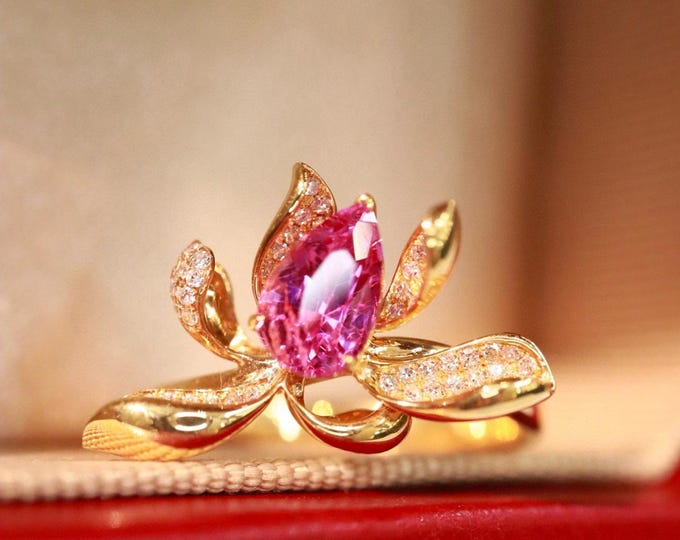 18k gold natural Padparadscha pink sapphire engagement ring with diamonds/Pink sapphire custom fine ring/Art Deco pink sapphire ring her