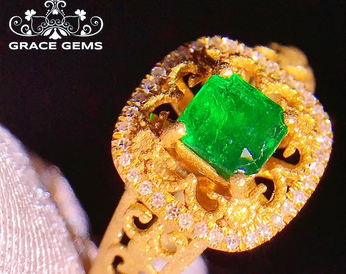 18k gold natural UNIQUE emerald diamond engagement wedding ring/emerald gemstone made/one of a kind gift/Art Deco/mindful birthstone
