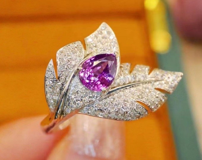 18k/14k white gold Genuine Padparadscha sapphire engagement ring with diamonds/Pink gemstone/Vintage Antique/Art Deco pink sapphire ring
