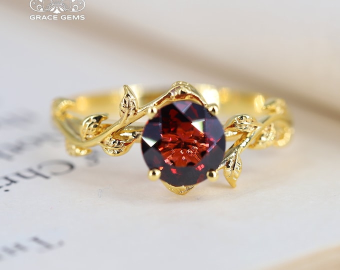 7X7mm 18k Solid Gold Garnet Engagement ring/Nature-inspired garnet ring/Art Deco garnet ring/Handmade garnet ring/Dainty garnet ring women
