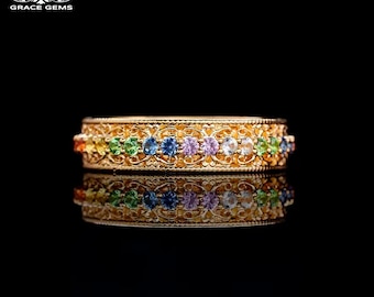 Unique Unisex 18K solid gold natural multi color sapphire engagement band with diamonds/Blue pink yellow  gemstone/Vintage Antique/Art Deco