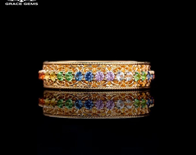 Unique Unisex 18K solid gold natural multi color sapphire engagement band with diamonds/Blue pink yellow  gemstone/Vintage Antique/Art Deco