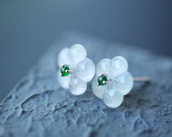 18k white Gold Myanmar Natural Icy Type Jadeite Jade Studs/Sapphire flower Heart/Translucent Burmese Jade earring/One of a kind gift for her