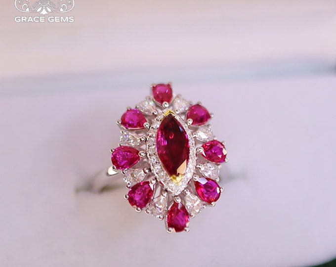 Natural Mozambique Marquise Ruby Ring/18k White Gold Vintage  Engagement Ring With Diamonds/Handmade Ring for Women/Best Friend/Bridal Bride