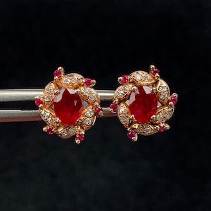 18k rose gold natural Mozambique ruby earrings with diamonds/Certified genuine ruby studs/Handmade Viking earrings/Unique vintage gift