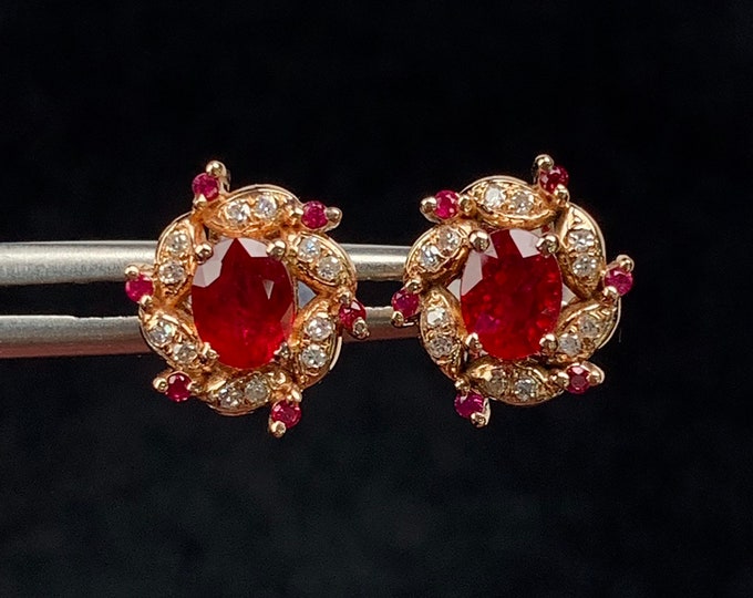 18k rose gold natural Mozambique ruby earrings with diamonds/Certified genuine ruby studs/Handmade Viking earrings/Unique vintage gift