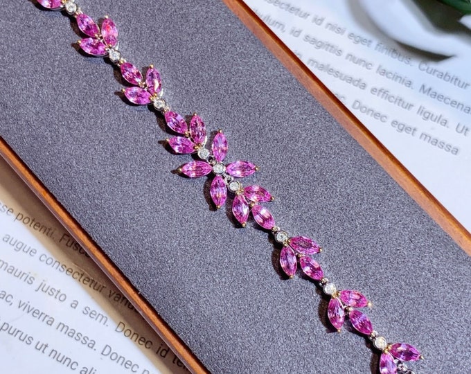 18k white gold natural pinks sapphire bracelet/Real Padparadscha bracelet and diamonds/elegant pink sapphire bracelet/Handmade pink bracelet