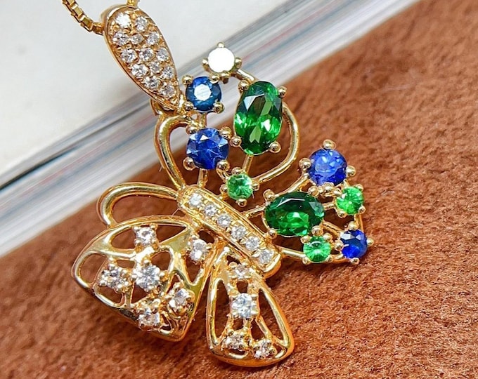Natural Tsavorite & Cornflower Sapphire Butterfly Pendant, Handmade Fine Jewelry, Earth-Mined Diamond Accent, Unique Gold Butterfly Necklace