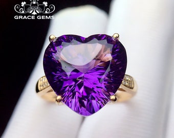 18k solid gold heart cut natural amethyst ring/engagement wedding ring with diamonds/one of a kind gift for her/Art Deco/Unique handmade