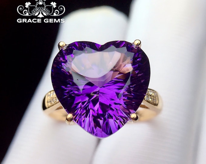 18k gold heart cut natural amethyst engagement promised wedding ring with diamonds/one of a kind gift for her/Art Deco/February birthstone