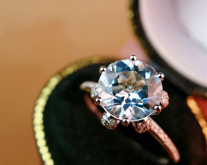 18k solid white gold natural aquamarine engagement ring/Real diamond halo aquamarine ring/Saint Mario Aquamarine solitaire ring/Promise ring