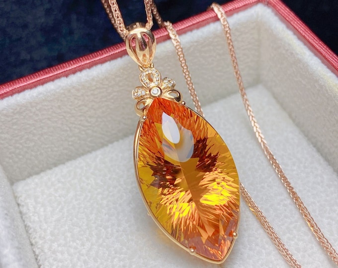 18k rose gold natural Citrine pendant necklace/Genuine gold Citrine jewelry/Gift for her/Citrine Birthstone for anniversary gift/Big Citrine