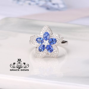 Flower 18k/14k white gold natural oval sapphire engagement ring with diamonds/Royal Blue Sapphire/Vintage Antique/Art Deco/Celtic Unique