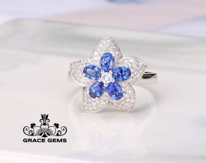 Flower 18k/14k white gold natural oval sapphire engagement ring with diamonds/Royal Blue Sapphire/Vintage Antique/Art Deco/Celtic Unique