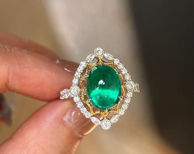 Unique two tone natural emerald ring in 18k solid white gold/Cabochon emerald engagement ring/birthday anniversary jewelry for women ring
