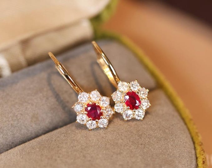 Diamond Halo Pigeon Blood Ruby Dangle Earrings in 18k Rose Gold, Diamond Pavé Hook Backings, Luxury Ruby Drop Earrings for Women