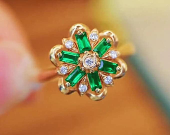 18k Rose Gold Zamia Emerald Floral Ring: Art Deco Diamon Accent/investment emerald ring/unique flower emerald fine jewelry/handmade emerald