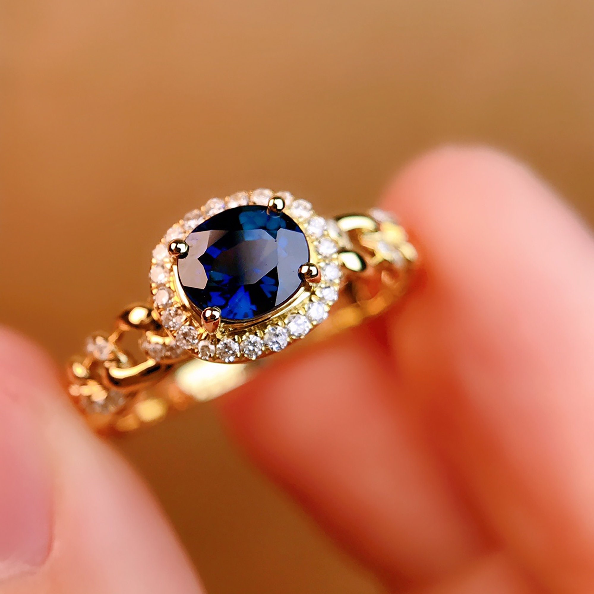Unique 18k 14k solid yellow gold natural untreated royal blue thin sapphire ring Victoria Vintage Diamond engagement over time sapphire ring