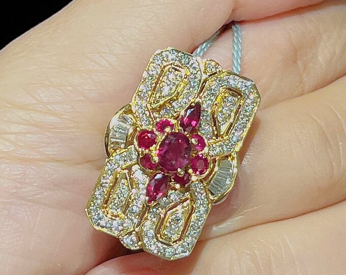 18k Gold Real Ruby Pendant and diamonds/Natural Ruby Necklace/Vintage ruby choker/Genuine Ruby Necklace/Designer Ruby Pendant gift for her