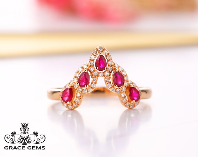 Chevron V curve Multi-stone natural ruby engagement ring in 18k/14k rose gold&diamond/Unique Star ruby ring/raw ruby ring/Starwar Wedding