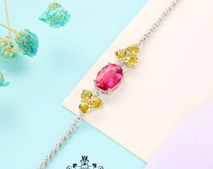 18k Solid Gold Pink Tourmaline bracelet with yellow Sapphire/Dainty handmade gemstone bracelet/oval pink stone gift/Birthstone anniversary