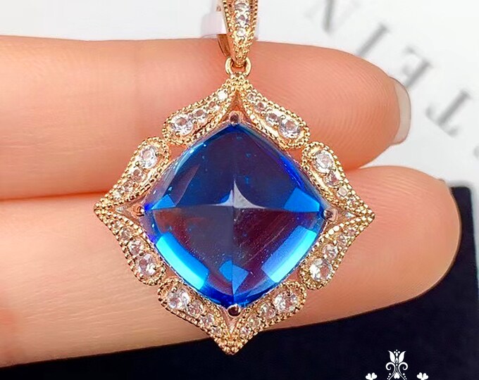 Unique Natural London BlueTopaz Pendant in 18k Rose Gold White Sapphires Diamonds/Anniversary Birthday Choker/Best Friend gift for her