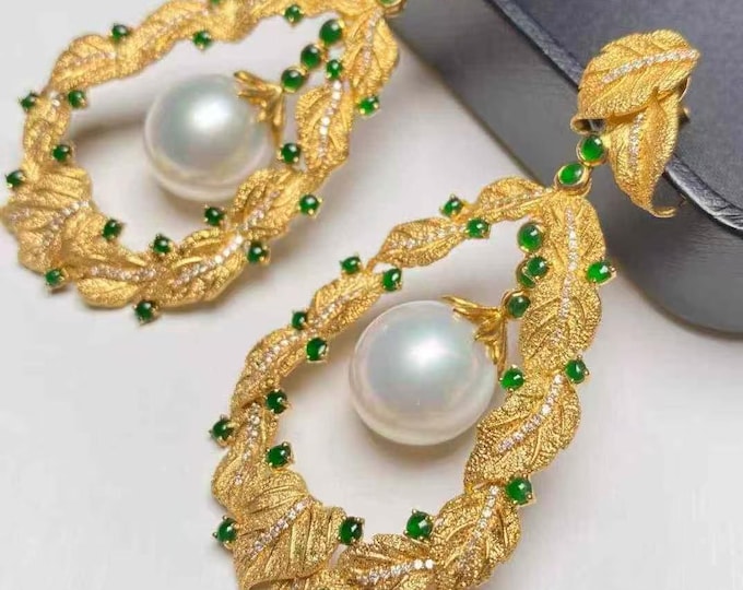 13.4mm Luxury Australian White pearls with green jade beads earrings in 18k solid gold/unique high end pearl jewelry/Salty Australian pearl