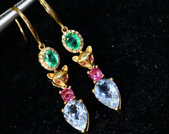 Unique fox aquamarine earrings with emeralds and spinels/18k solid gold fox aquamarine dangles/fancy unique aquamarine jewelry birthday gift