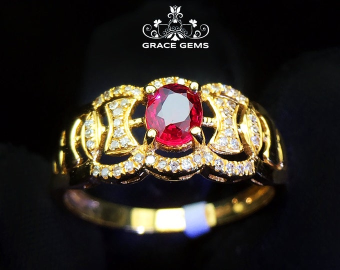 18K Solid Gold ruby engagement ring/Natural Engagement Ring with Diamonds/halo ruby wedding ring/Art Deco Ruby ring for women/Unique ruby