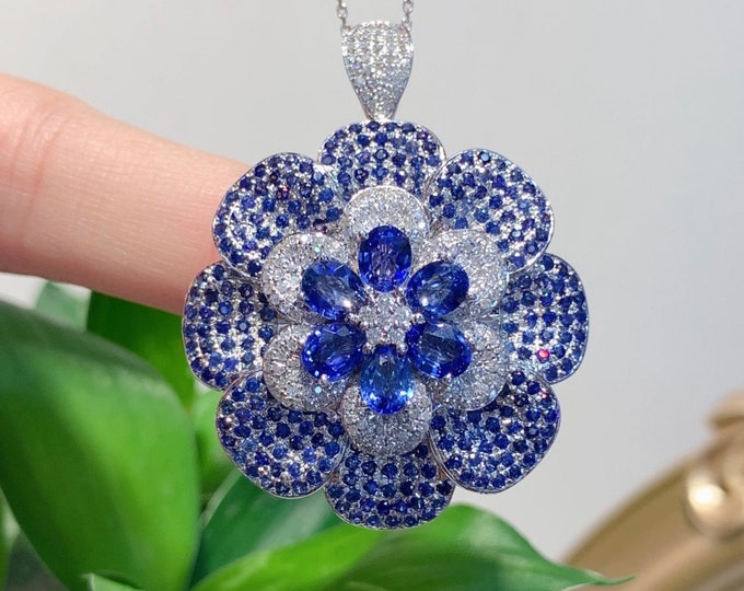 Luxurious 18k white gold natural corn flower blue sapphire pendant ring/Multi Function necklace with diamond halo gift for her/Unique ring