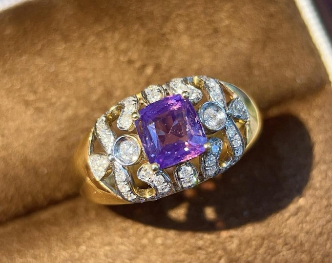 High end natural purple sapphire ring/Handmade custom pink sapphire engagement ring/Vintage Padparadscha ring/18k gold sapphire jewelry