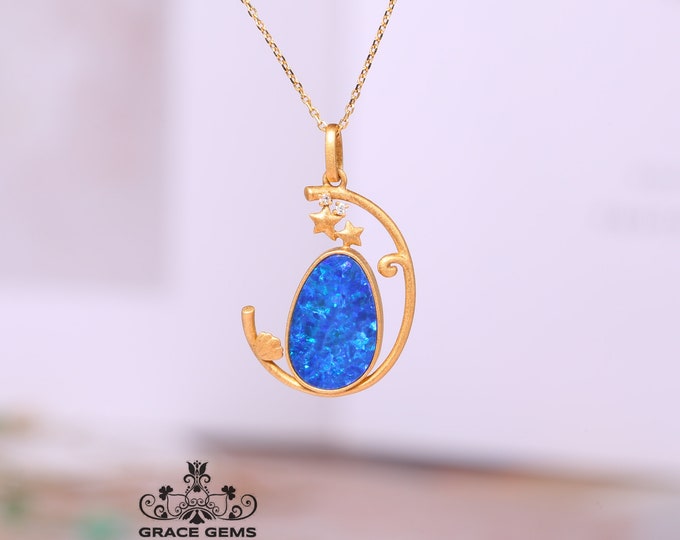 Moon&Star Genuine Australian Black Opal Pendant in 18k gold/Boulder Opal Necklace/Anniversary Birthday Choker/One of a kind opal jewelry