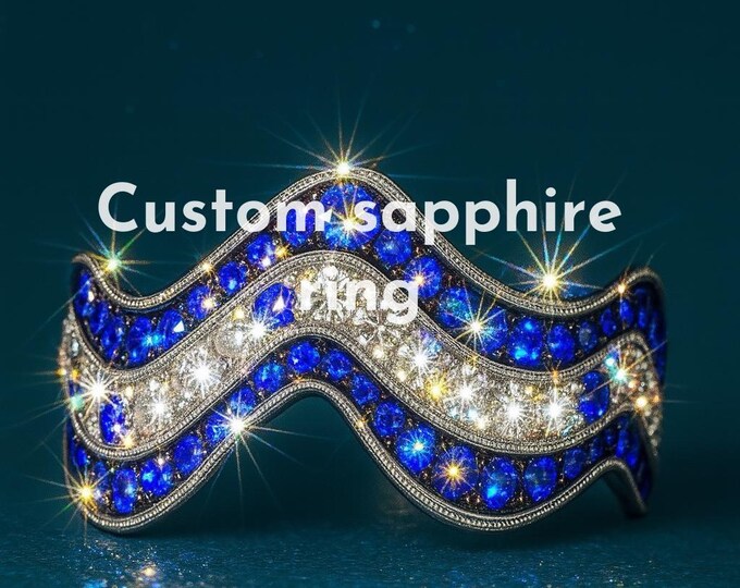 Custom sapphire ring in solid 18k white gold, sapphire diamond wave band,  total value USD1950. width 8mm