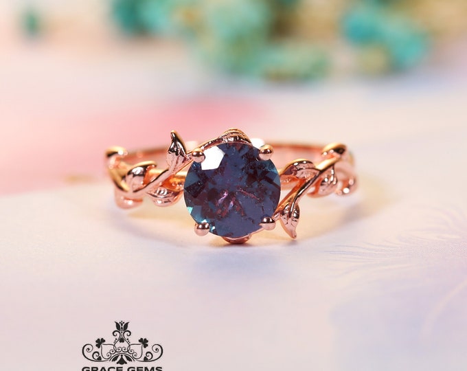 18k rose gold Twig Alexandrite ring/Art Deco Engagement Ring/Unique Design color changing stoneWedding ring/Vintage Anniversary Promise Gift
